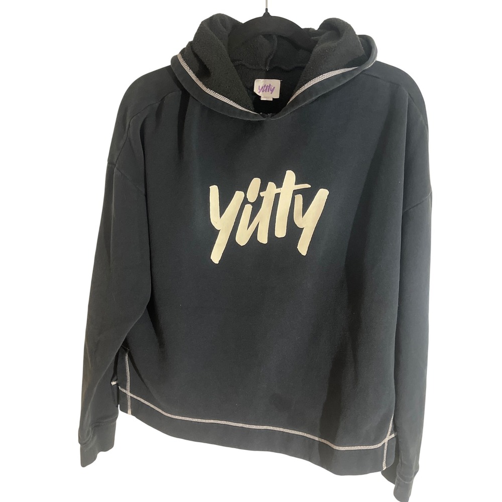 Yitty Hoodie Womens M Black Logo Fleece Pullover Contrast Stitch Oversized